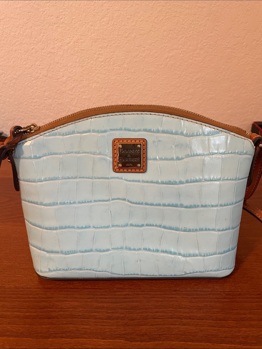 Dooney & Bourke Light Blue Croc Embossed Leather Crossbody with Brown Trim